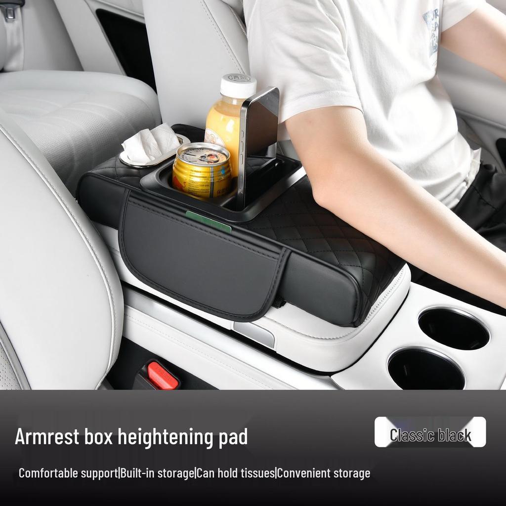 Nappa Leather Car Armrest Storage Pad with Double Cup Holders & Phone/Tissue Slots