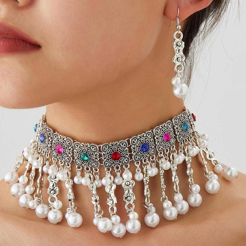 Bohemian Pearl Tassel Necklace & Earring Set in Ethnic Southeast Asian Style