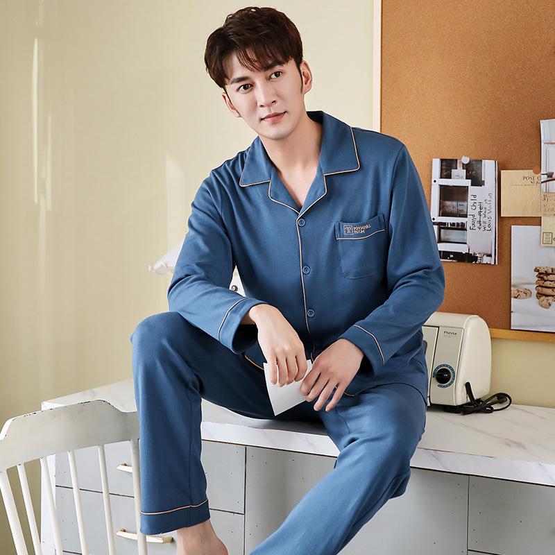 

Однотонная пижама мужская весенне-осенняя из чистого хлопка с длинным рукавом, домашняя одежда, мужской осенний хлопковый тонкий костюм-двойка Цинчжун 3XL