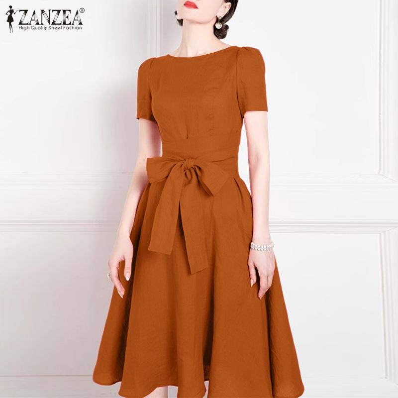 ZANZEA Elegant Casual Round Neck Bows Patchwork Summer Short Sleeve Dress