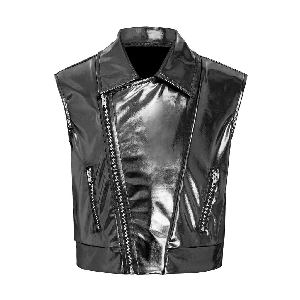Colete jaqueta metálico brilhante unissex para crianças, com gola virada, sem mangas, peça de outer wear
