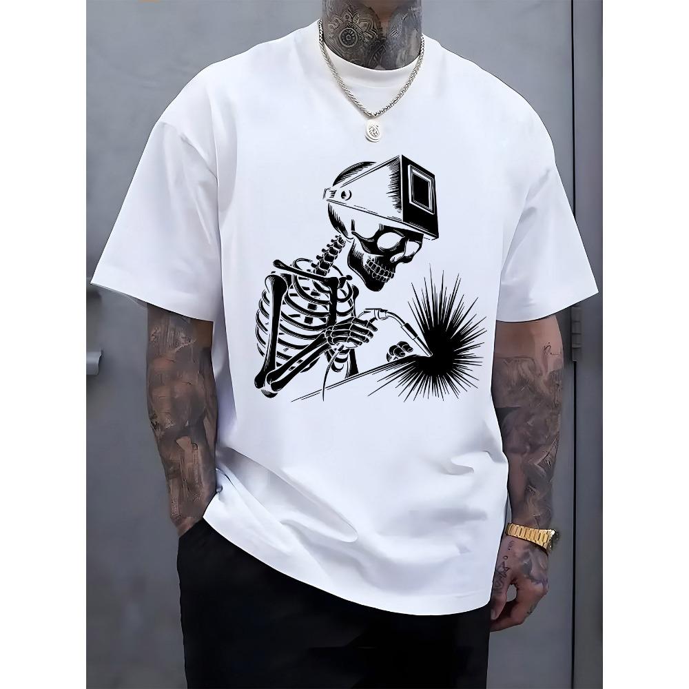 European sizes Men's Skeleton Welder Graphic Print T-Shirt Lightweight Breathable Short Sleeve Round Neck Casual Tee for Summer & Spring Outdoor Wear