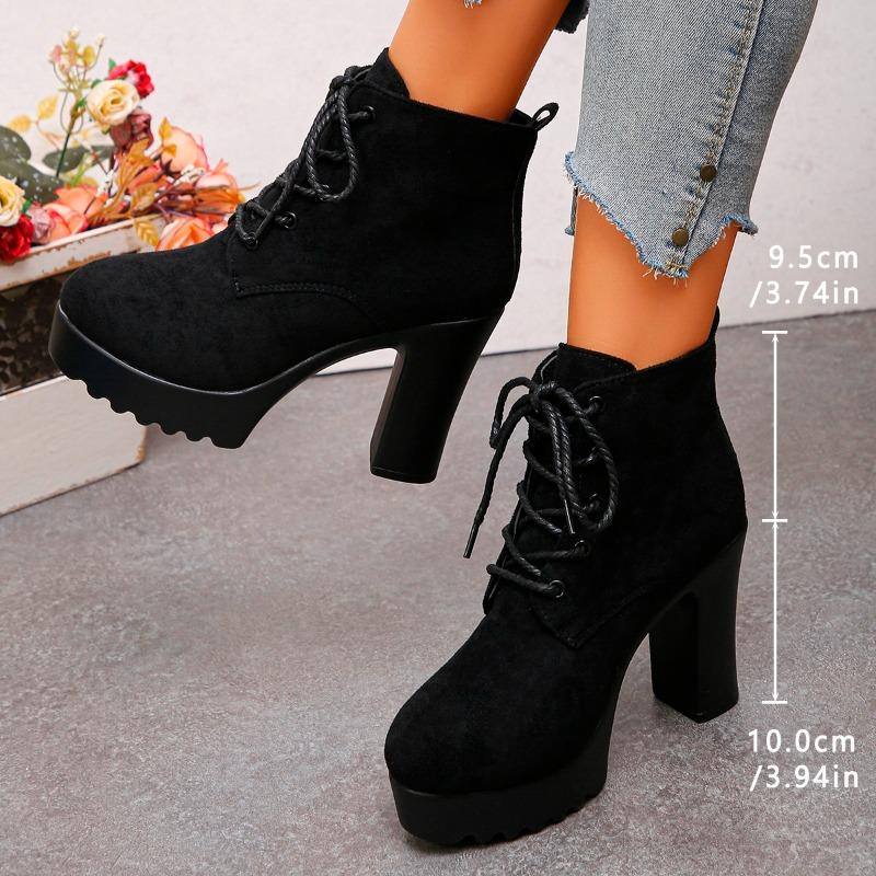 Block Heel Booties Women's  Fall/Winter Round Toe Lace-up Suede Skinny Platform Heels