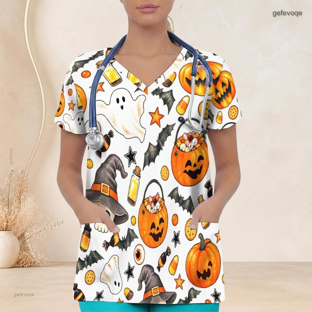 Top de uniforme de enfermera para mujer talla grande con cuello en V, manga corta, estampado de Dachshund de Halloween, con bolsillos