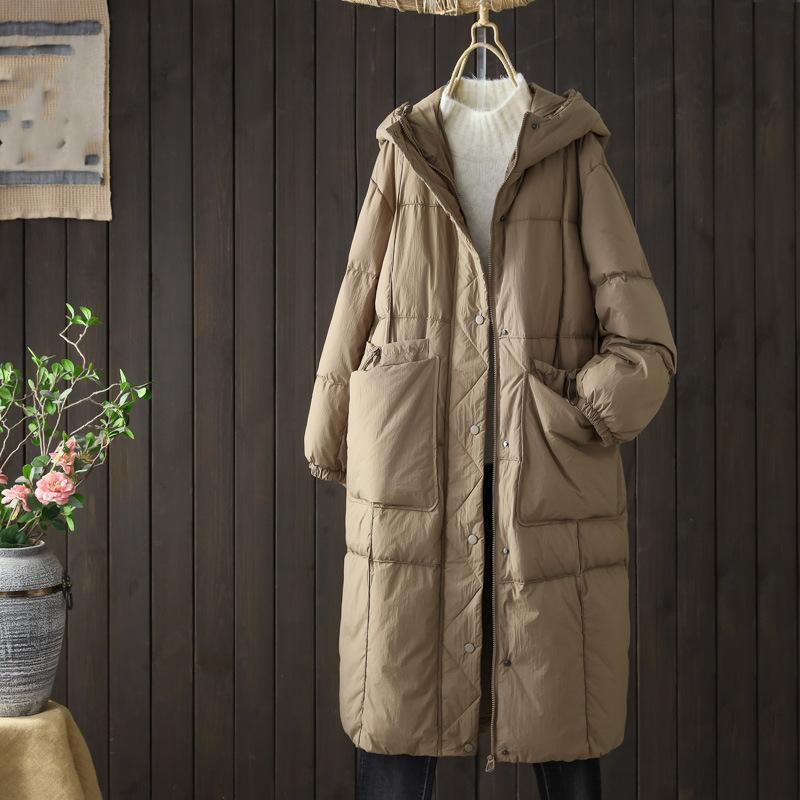 Women White Duck Down Long Jacket Casual Loose Autumn Winter Outwear Hood Warm Coat Big Pockets Korean Style