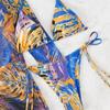 Women's Split Three Piece Set Printed Net Red Tie Dyed Lace Up Drawstring Swimsuit Bikini Sets