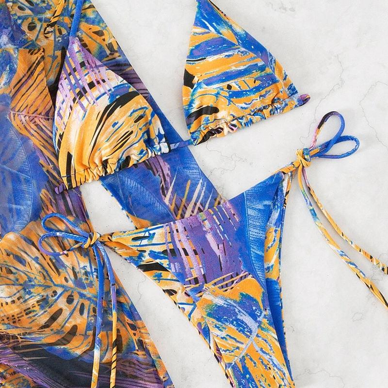 Women's Split Three Piece Set Printed Net Red Tie Dyed Lace Up Drawstring Swimsuit Bikini Sets