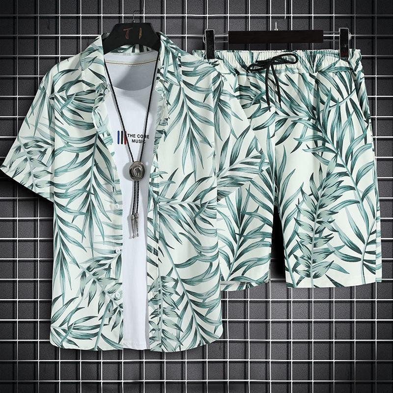 Hawaii Beachwear: Men's Trendy Casual Set - Short Sleeve Floral Shirt & Shorts Outfit