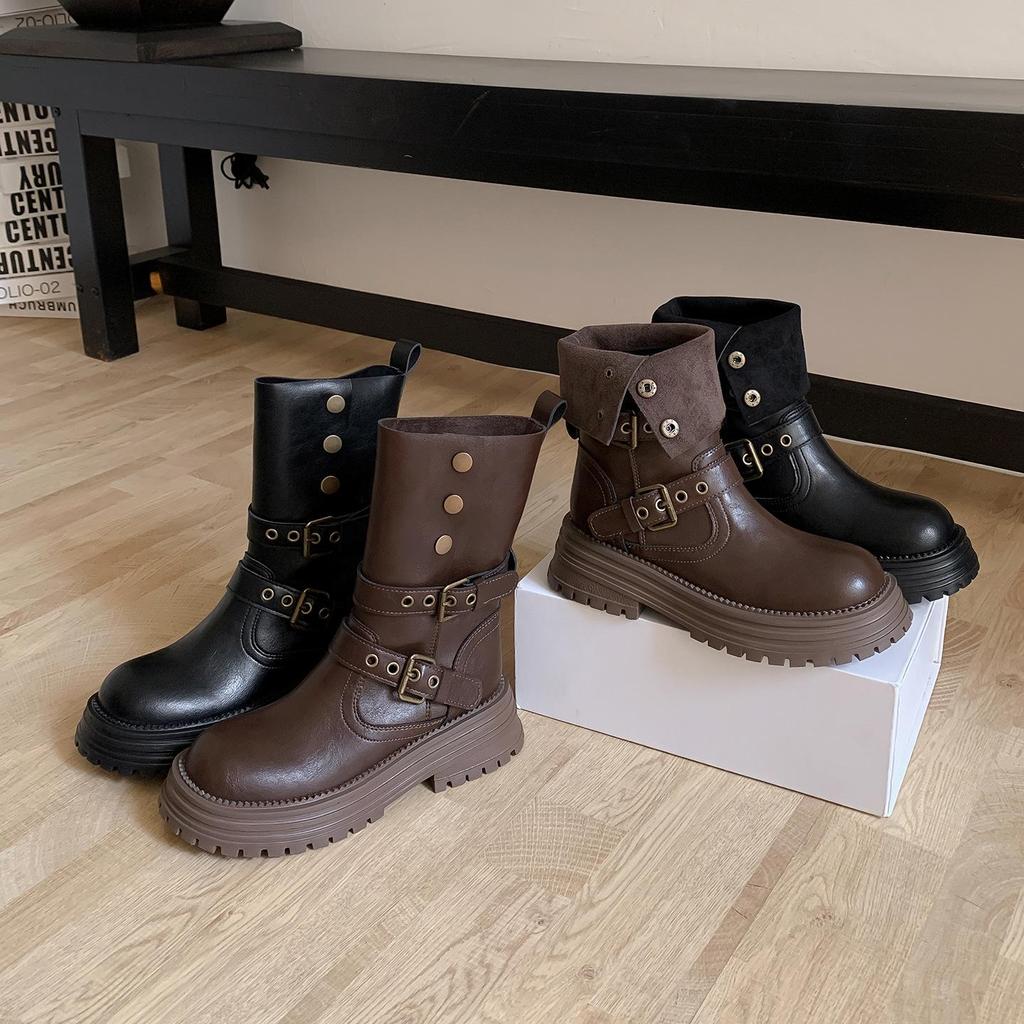 Genuine Leather Fold-over Melaude Martin Women's Height-increasing Mid-calf Boots 2025