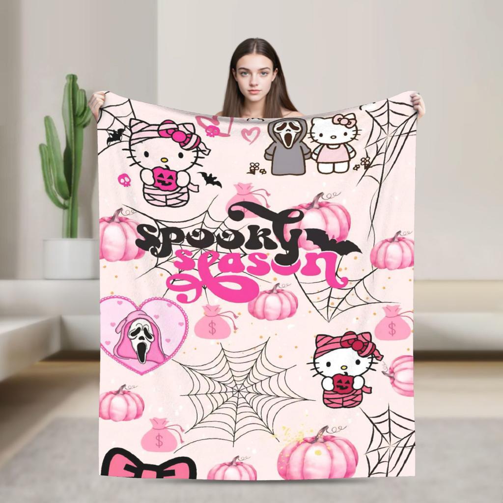 Leopard Hello Kitty Cartoon Blankets Coral Fleece Plush  Winter  Portable Lightweight Throw Blankets for Bed Outdoor Quilt
