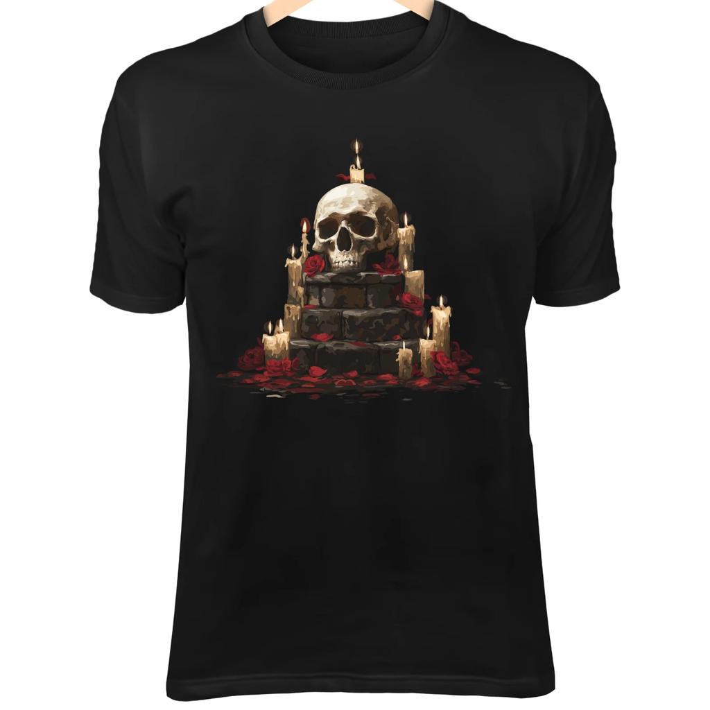 T-shirt Crâne Gothique – Autel de Pierre Bougie Pétale Cramoisi Art Graphique Tee-shirt Unisexe