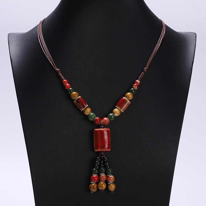 Ceramic Pendant Necklace Handmade Knotted Braided Rope Adjustable Long Sweater Chain Boho Vintage Ethnic Tribal Fashion Women Accessories Jewelry