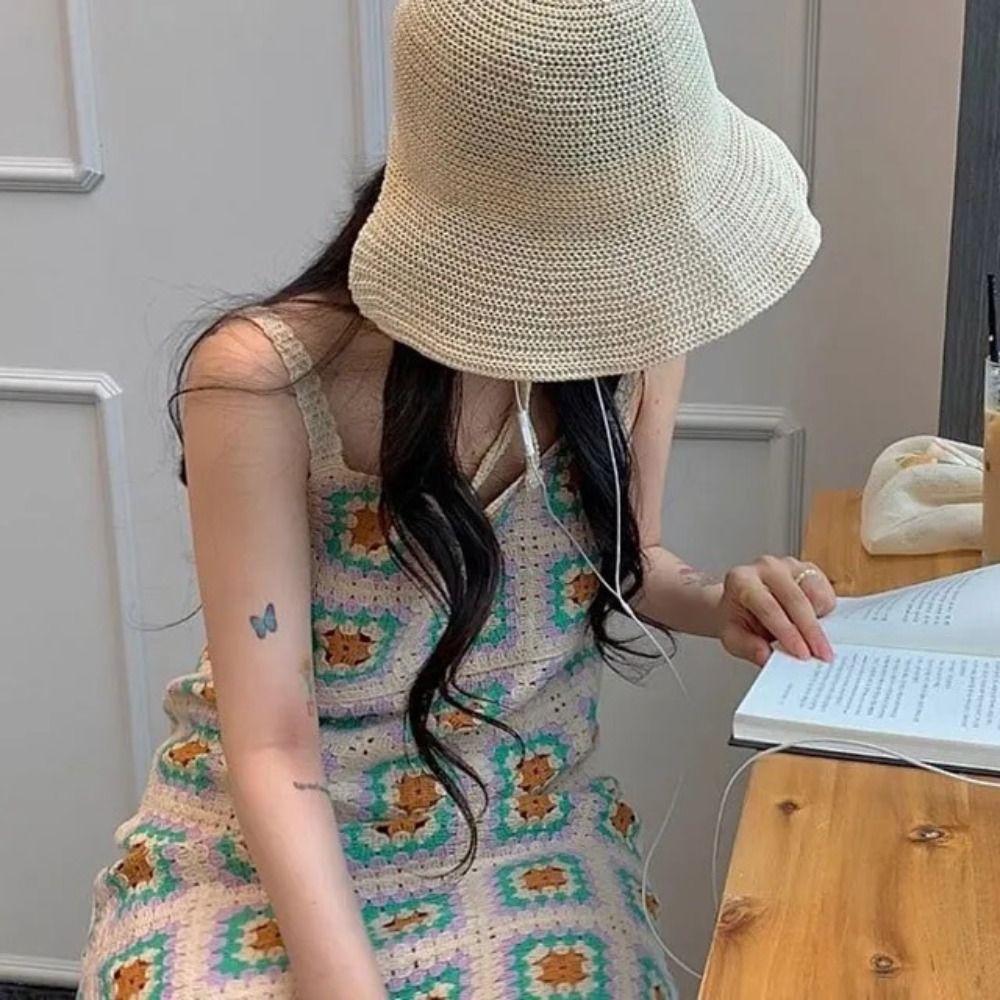 Summer Travel Wide Brim Straw Sun Hat Foldable Breathable Bucket Cap Cute Strap Beach Sun Cap For Women Female