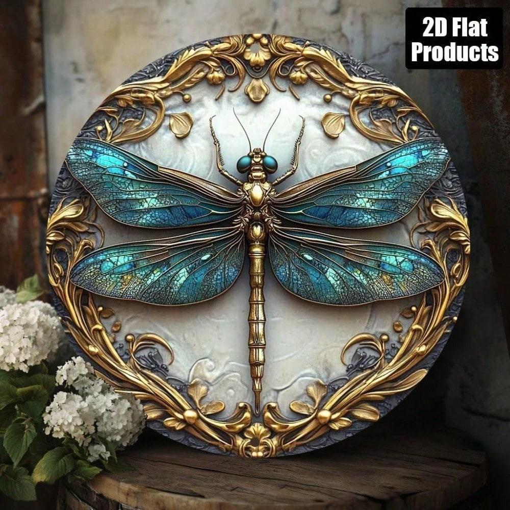

Vintage Gold Teal Aluminum Dragonfly Wall Art Sign, 8x8 Inch Round Metal Decor Intricate Design 20x20