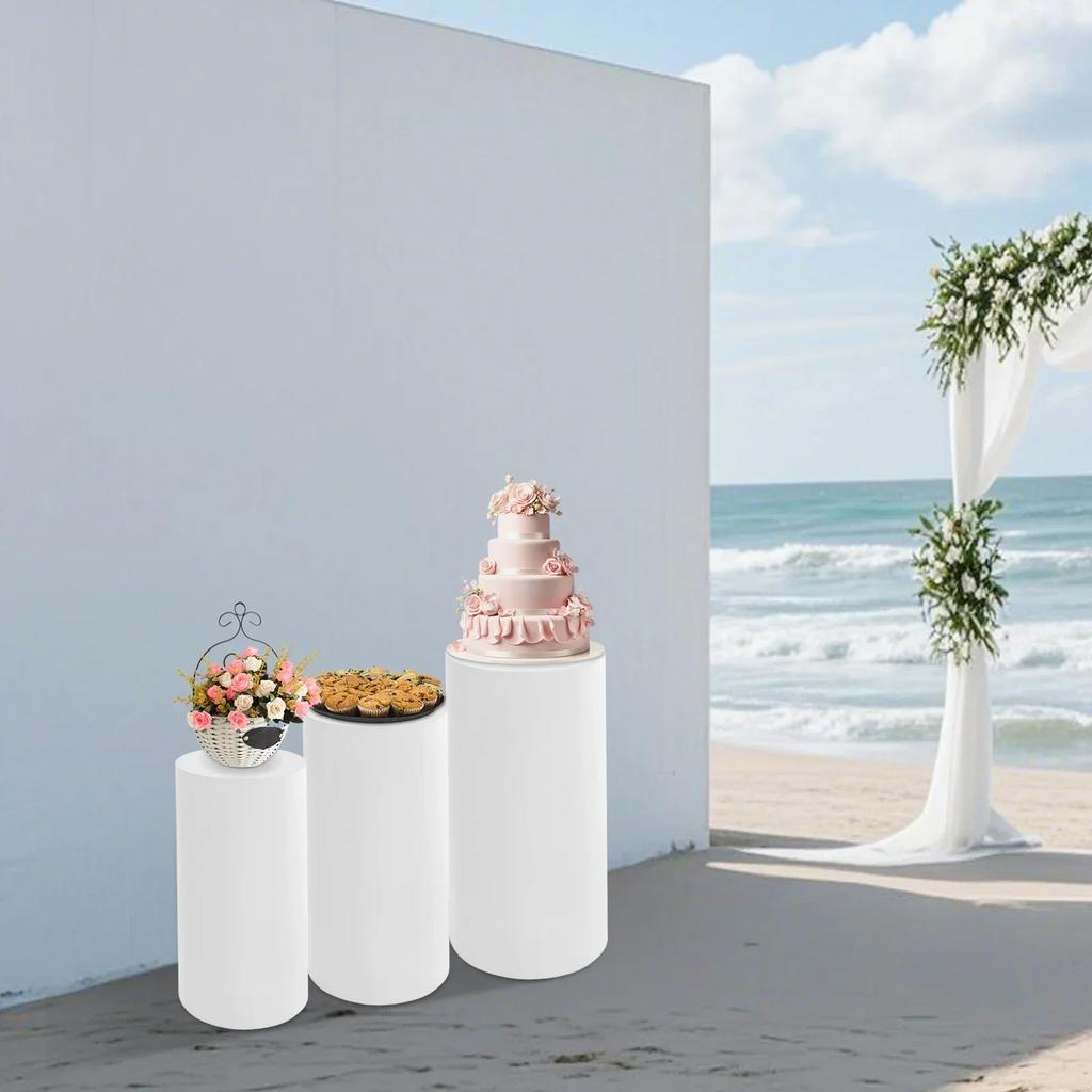 3 st Cylinder Piedestalställ, Vita Cylinder Piedestal Display Bröllop Baby Shower Födelsedag Event Dekor, Runda Piedestalställ