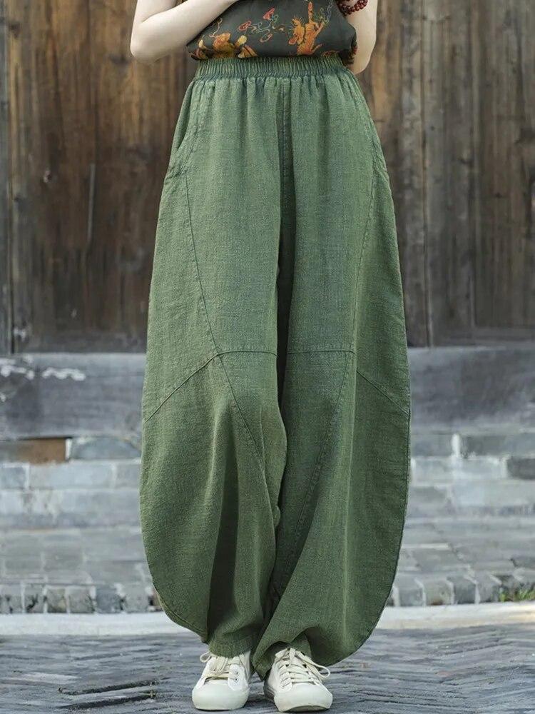 Johnature Mulheres vintage bloomers calças cor sólida retalhos cintura elástica primavera calças soltas de alta qualidade