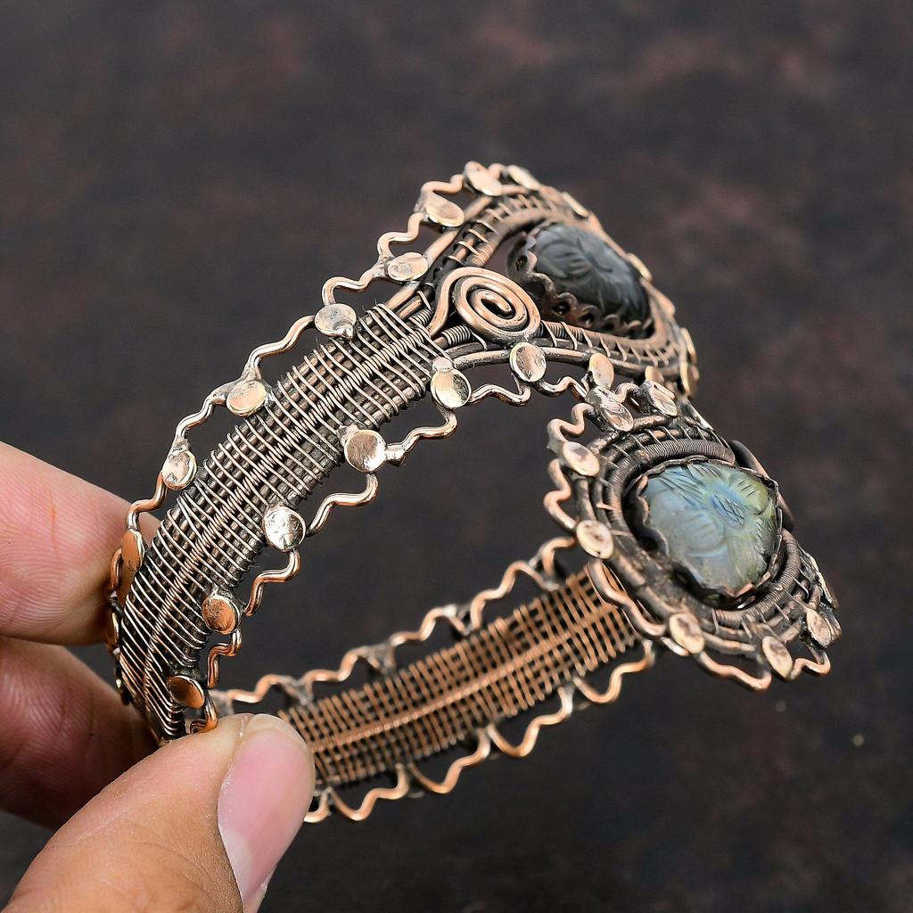 Carved Labradorite Bangle Copper Wire Wrapped Cuff Bracelet Adjustable Bangle Gemstone Cuff Bracelet Copper Handmade Jewelry Gift For Mother