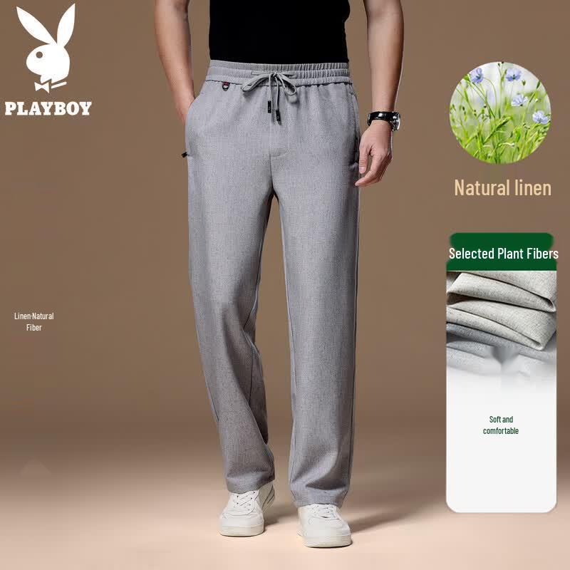 PLAYBOY Men s Summer Linen Blend Straight-Leg Casual Trousers XL