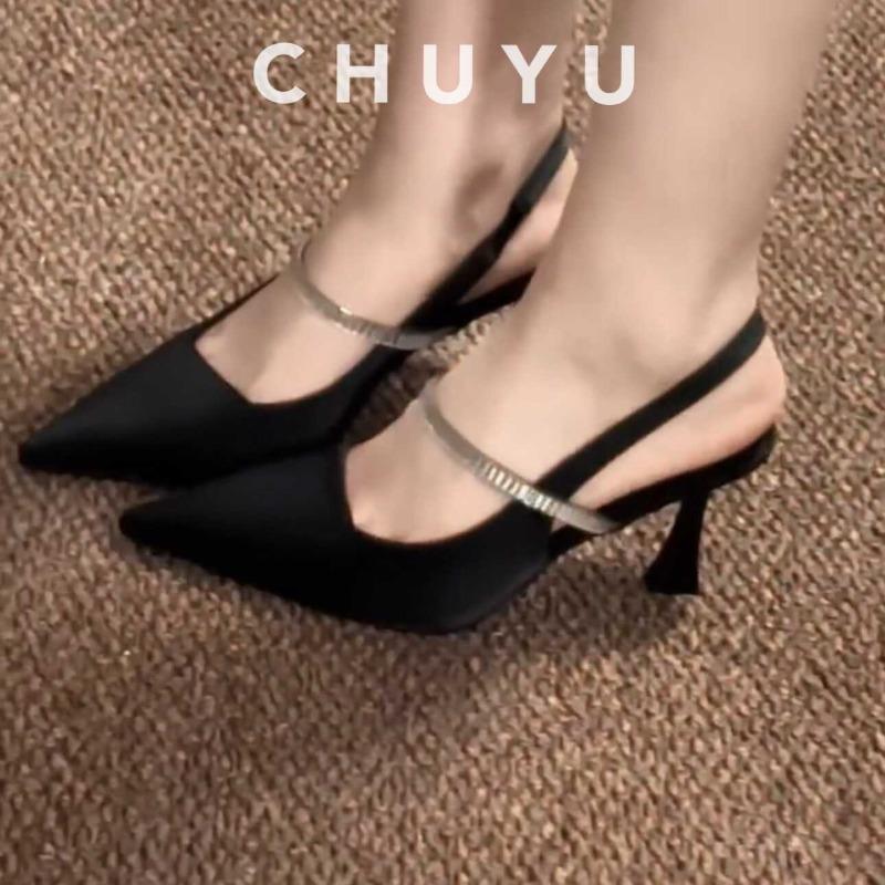 Sheepskin back empty black high heels femininity bag head sandals summer not tired feet outside wear design sense single shoes