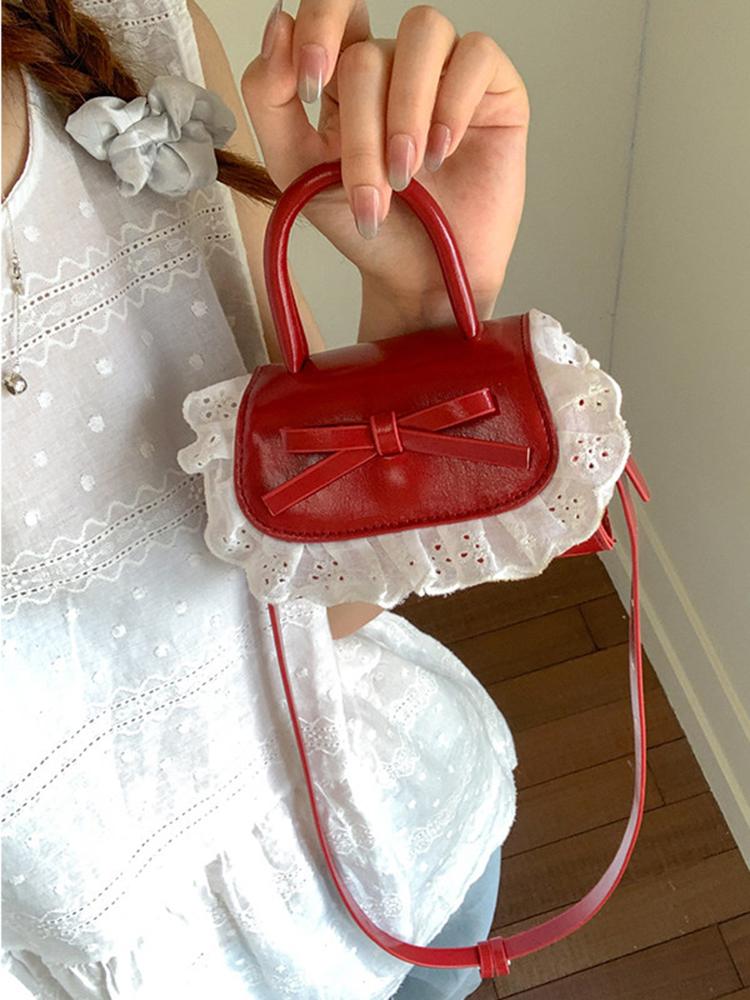 Exquisite Lace Splicing Messenger Bag for Women Korean Style Sweet Bow Knot Magnetic Buckle Handbags Spring Cute Lipstick Bags