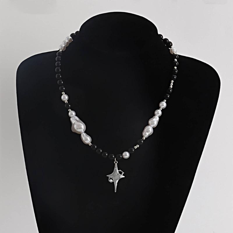 2023 Trend Crossed Star Necklace for Women Vintage Beaded Chain Alloy Necklace Pendants Fashion Aesthetic Y2k Jewelry