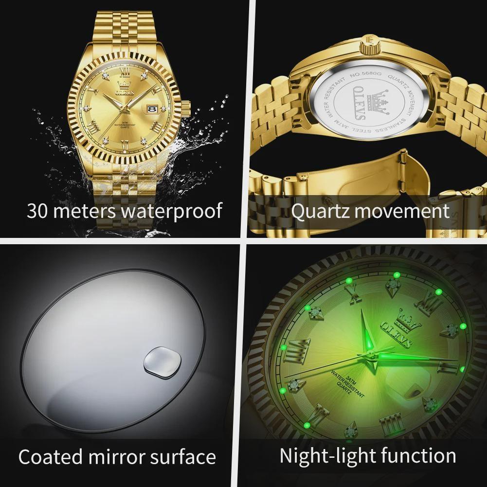 OLEVS Men's Watches Silver Stainless Steel Waterproof Quartz Watch for Man Luminous Date Business Original Male Wristwatch