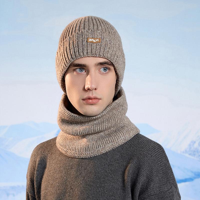 Winter Outdoor Warm Knitted Wool Hat Men's Fleece Cold-Proof Hat Scarf Two-Piece Set Windproof Ear Protection Cap