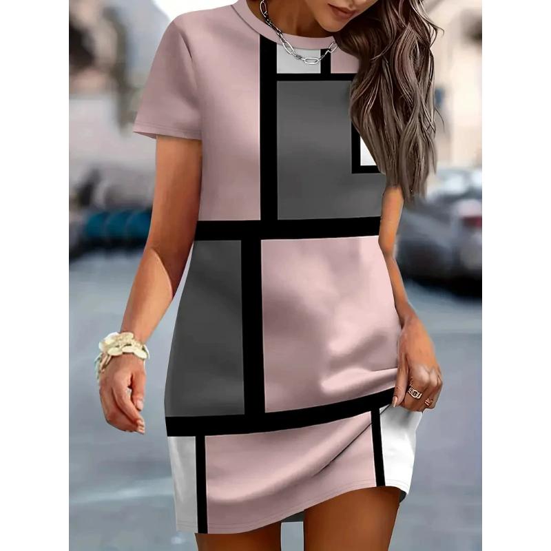 Damen kariertes Muster Mode Minikleider Sommer Kurzarm 3D-Druck Street Damenkleid 3XL Übergröße Freizeitkleid