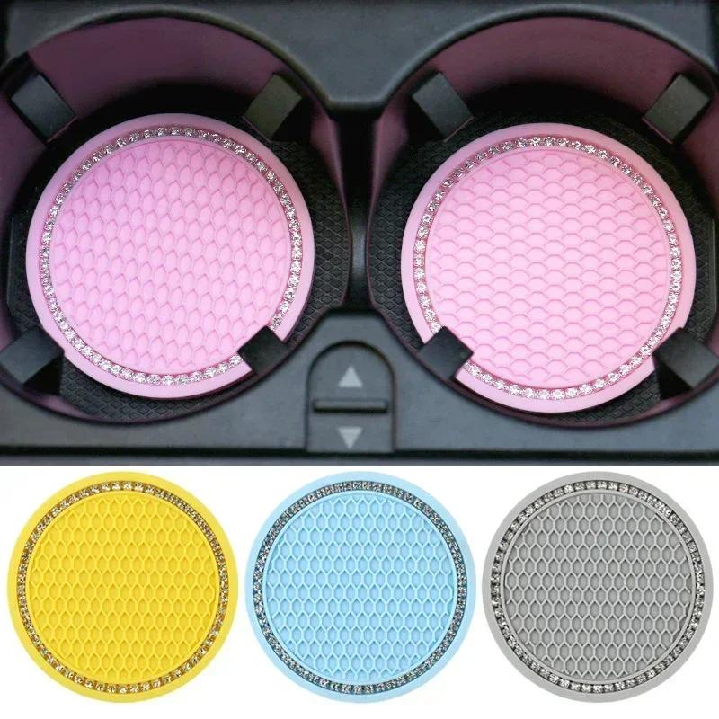 Car Non-slip Water Cup Pad Diamond Rhinestone Decor Rubber Round Mat Cup Holders Anti-skid Silicone Pads Auto Accessories