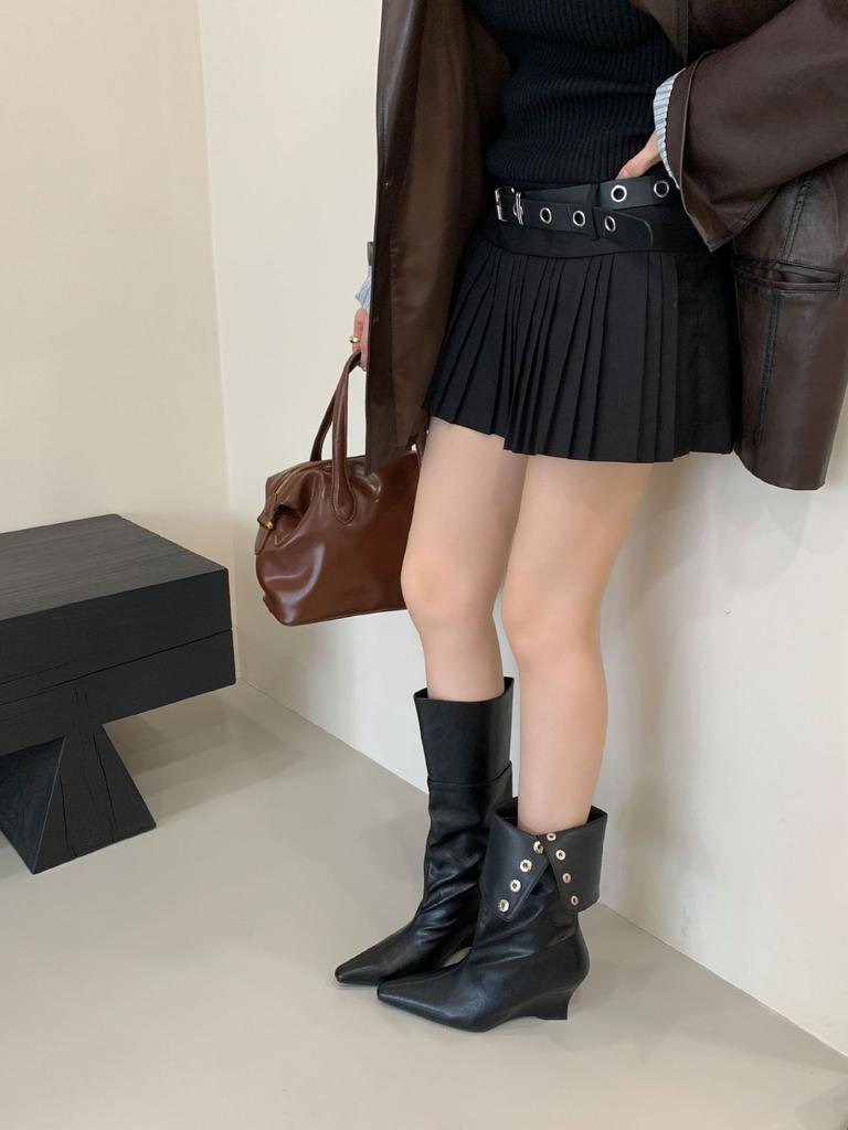 2025 New Medium Boots Women's Niche Design Two-wear Stacking Boots High Knight Boots Wedge Heel Western Cowboy Boots