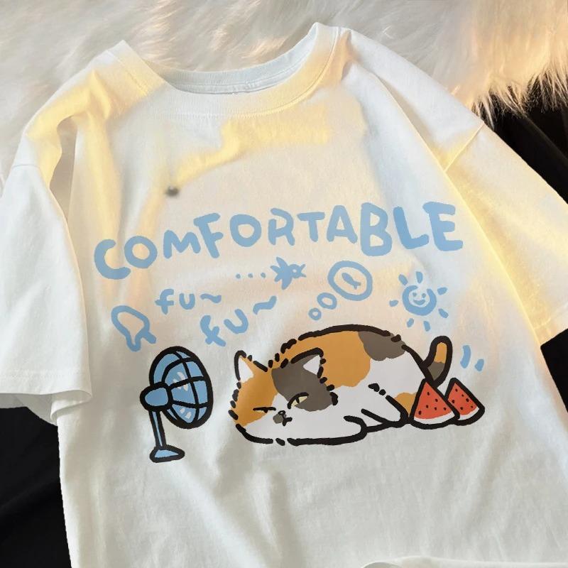 

Summer Comfortable Casual Loose Short Sleeved Tshirt Cartoon Cat Watermelon Blowing Fan Printed Tshirt Women Clothing S