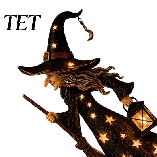 Spooky Home Holiday Decoration Halloween Witch Figurine with Star Light, Resin Tabletop Nightlight Lantern, Handcrafted Table Centerpiece Wizard