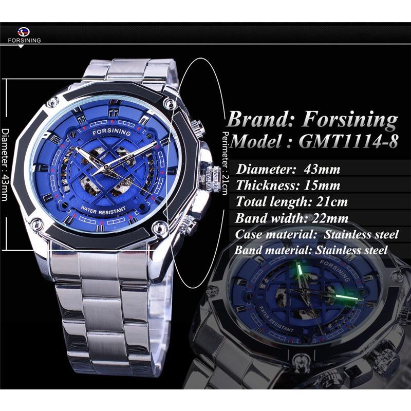 Forsining Men's Fashion Casual Blue Hollow Waterproof Automatic Mechanical Watch GMT1114-8-A