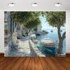 2D Mediterranean Seaside Photography Backdrop Greek Coastal Village Background