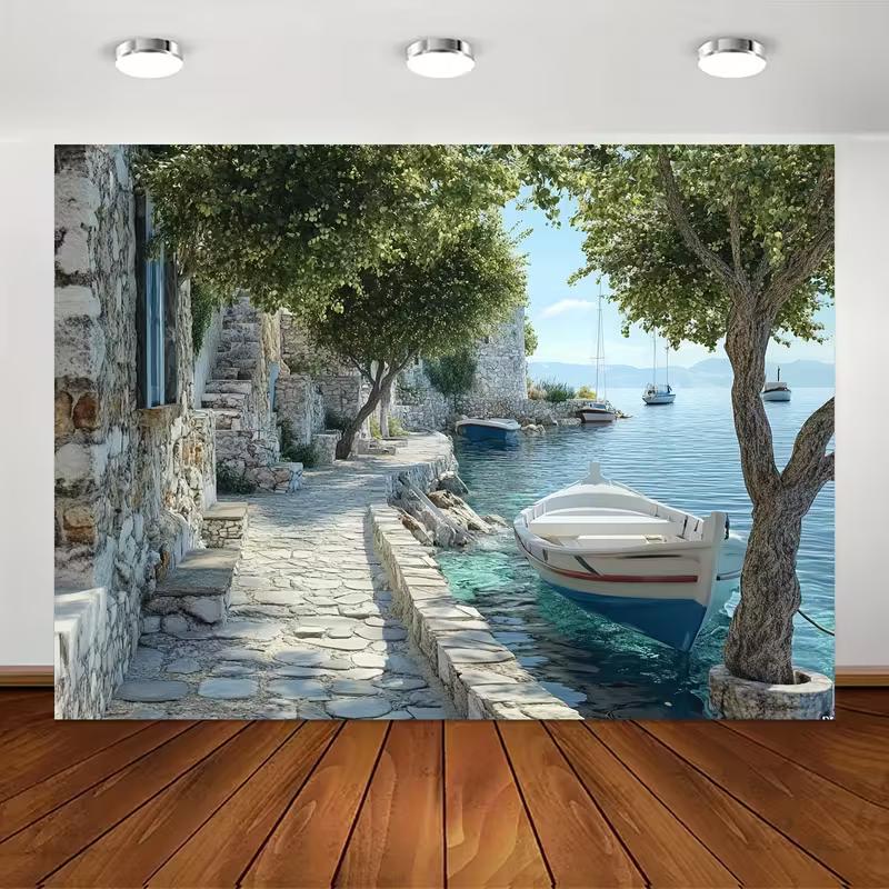 2D Mediterranean Seaside Photography Backdrop Greek Coastal Village Background