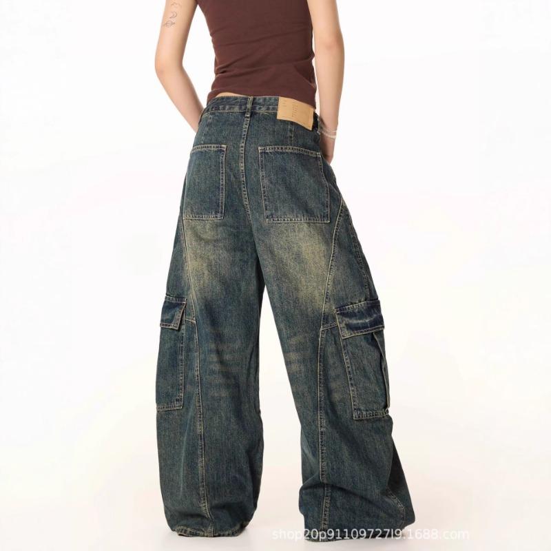 Retro big pocket washed old loose wide leg tooling jeans men's and women's nostalgic blue scimitar pants
