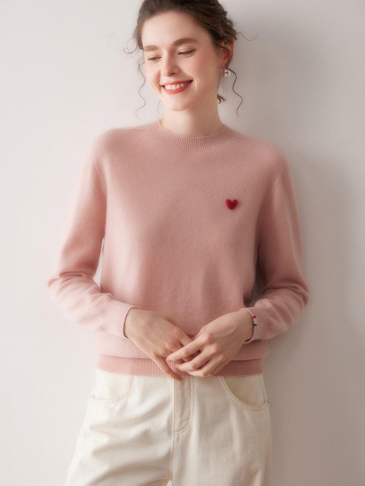 Women's 2025 Round Neck Embroidered Heart Cashmere Sweater - Gentle, Fashionable & Versatile