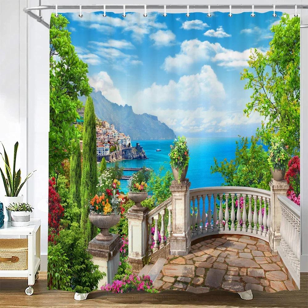 

Beautiful Nordic Retro Street 3D Flower Landscape Bathroom Shower Curtain Waterproof Fabric Curtain Home Decor Curtain With Hook W60H190(CM)-1 Pcs