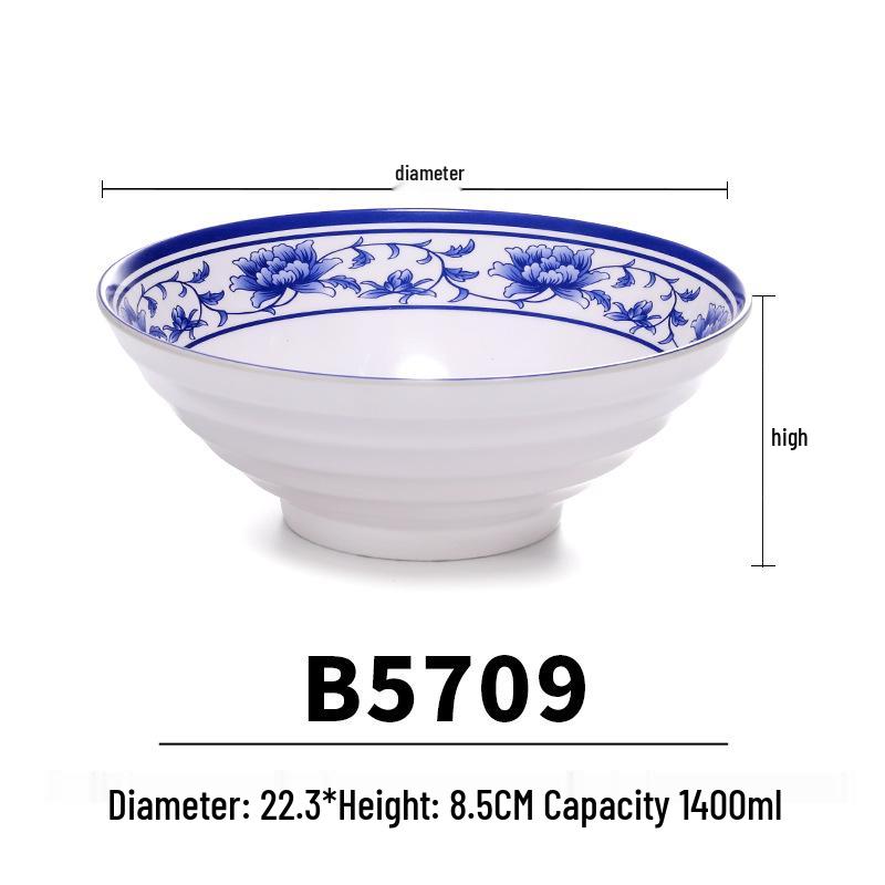 Blue & White Melamine Noodle Bowl: Imitation Porcelain Tableware for Ramen, Soup, Wonton, or Beef Noodles in Noodle Shops