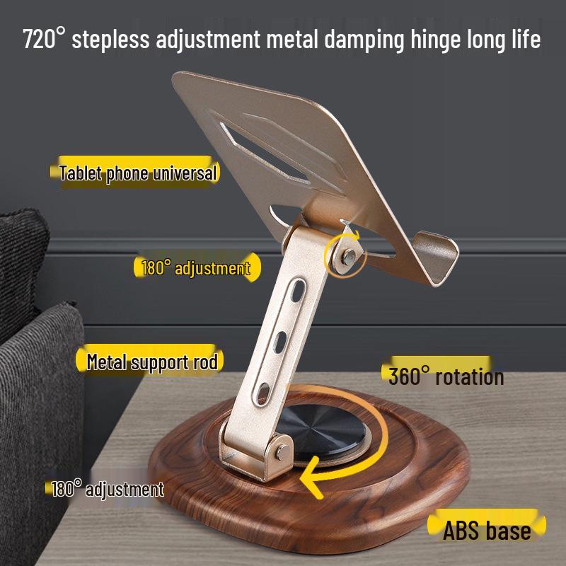 Rotating Foldable Desktop Phone Holder with Metal Stand and Walnut Base