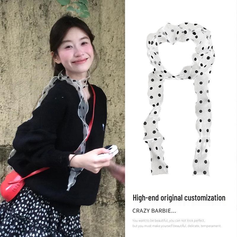 

Elegant Black Polka Dot White Silk Scarf: Versatile Hair Ribbon & Chic Headband Accessory