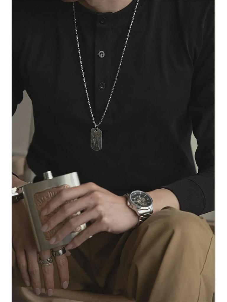 Men's Slim Fit Khaki Henley: 320g Cotton, Long Sleeve, Retro Style for Autumn