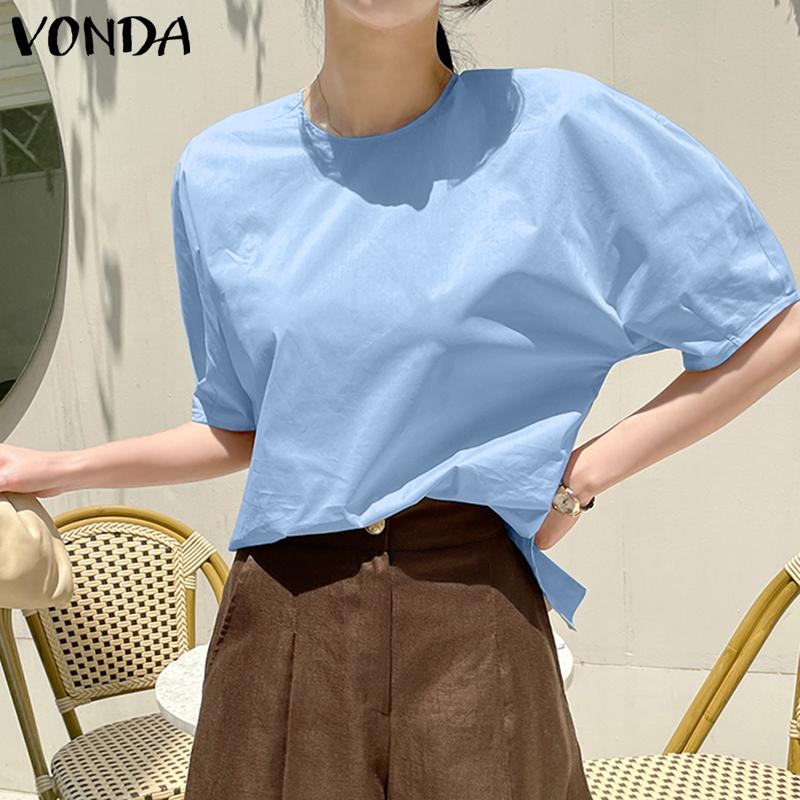 

VONDA Женская прямая однотонная блузка с круглым вырезом и рукавами-пузырьками