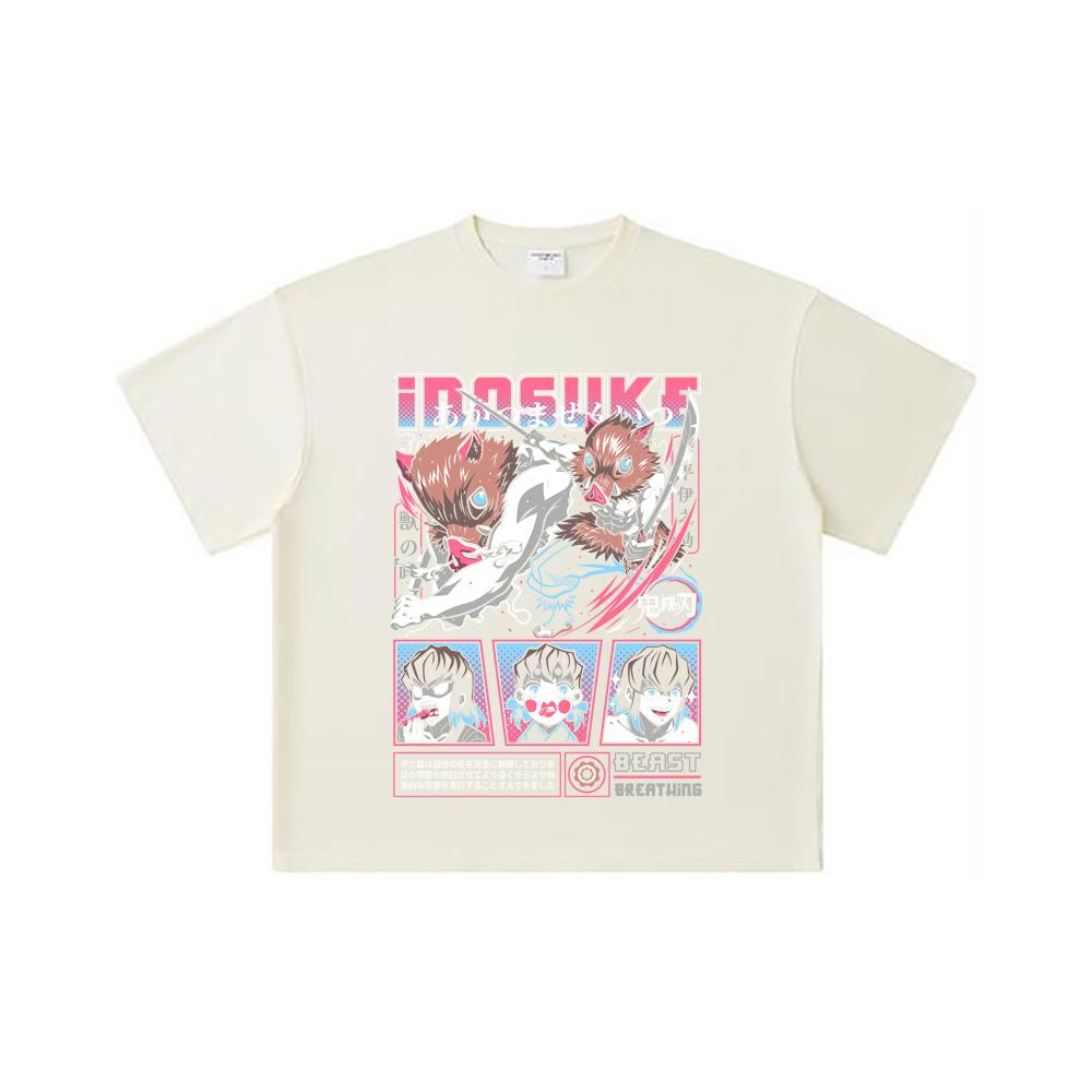 260 GSM Double Yarn 32 Count 100% Cotton Demon Slayer V28 Inosuke Print Unisex Heavy Cotton T Shirt