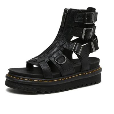 Sandalias Romanas de Verano Moda Calle Sandalia Negra de Mujer Gladiador Mujer Cuero Genuino Punta Redonda Hebilla Plataforma Zapatos de Mujer