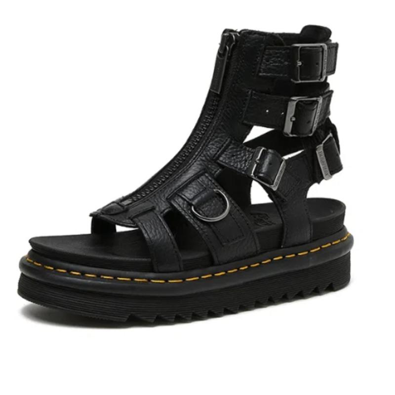 Summer Roman Sandals Fashion Street Black Women's Sandal Gladiator Women Genuine Leather Round Toe Buckle Platform Women's Shoes