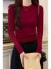 Burgundy Spicy Girl Long Sleeve Slimming T-Shirt for Women - Straight Shoulder, Autumn/Winter Style.
