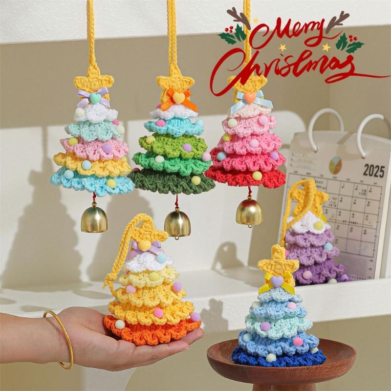 Crocheted Christmas Tree Ornament Soft Hanging Pendant With Bell Portable Holiday Car Decoration
