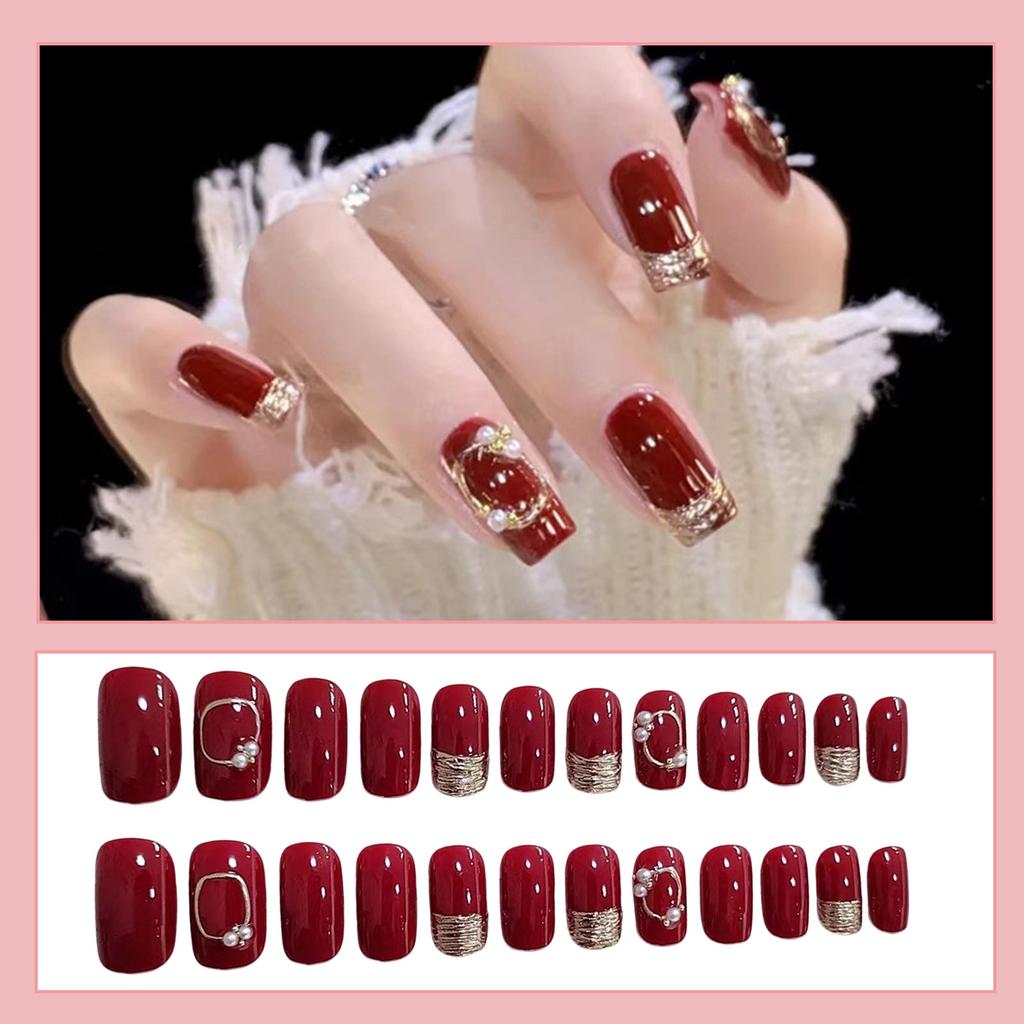 Mid-length Red False Nail Imitation Pearl Gold Line Reusable Artificial Nail for Hand Decoration Nail Art