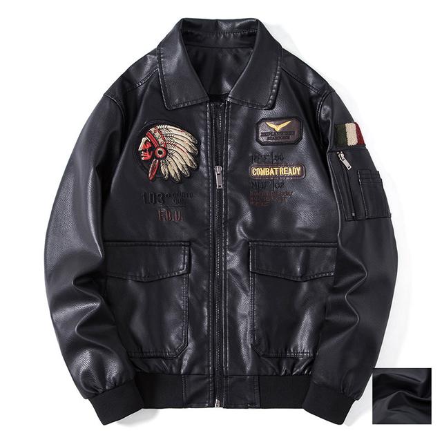 Autunno Inverno Uomo Giacca in pelle moto Risvolto Ricamo Vintage Locomotiva Giubbotti Pu Biker Coat Streetwear Maschile